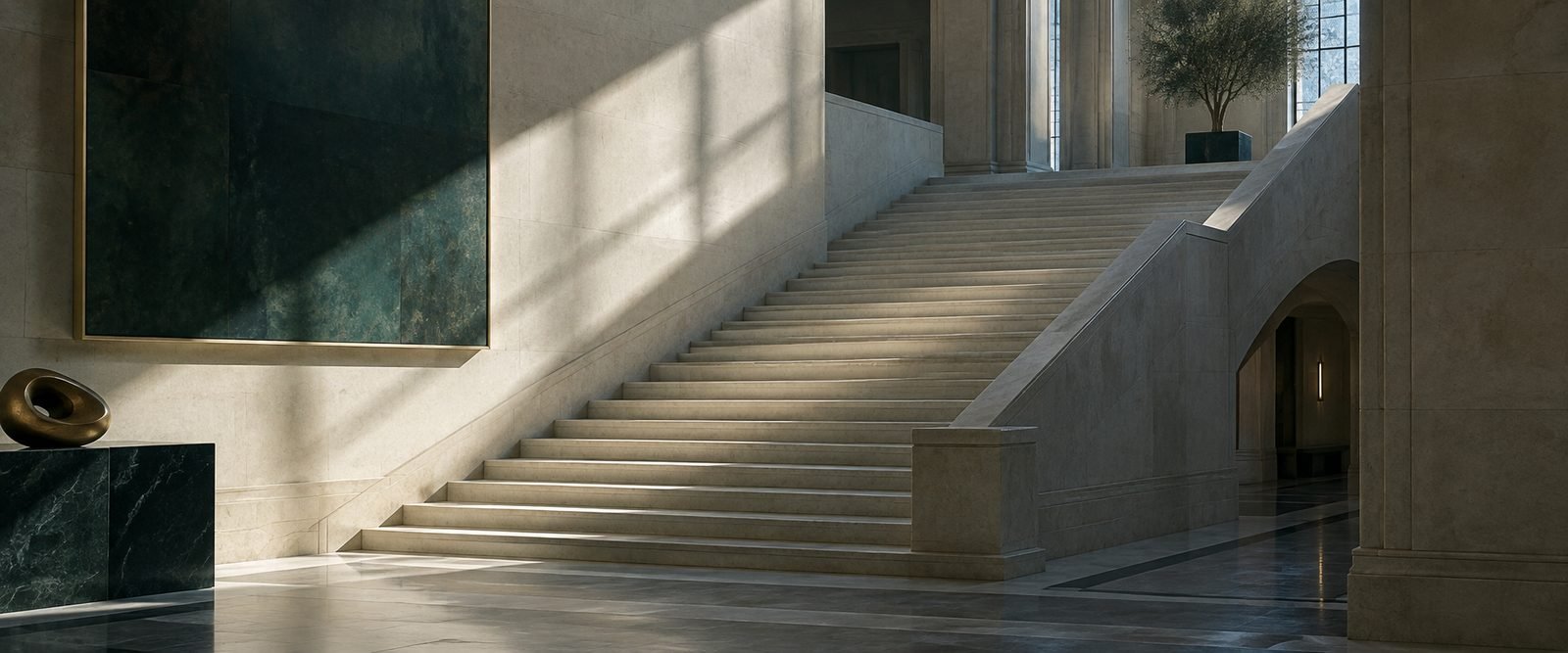 A monumental stone staircase shaped by natural light