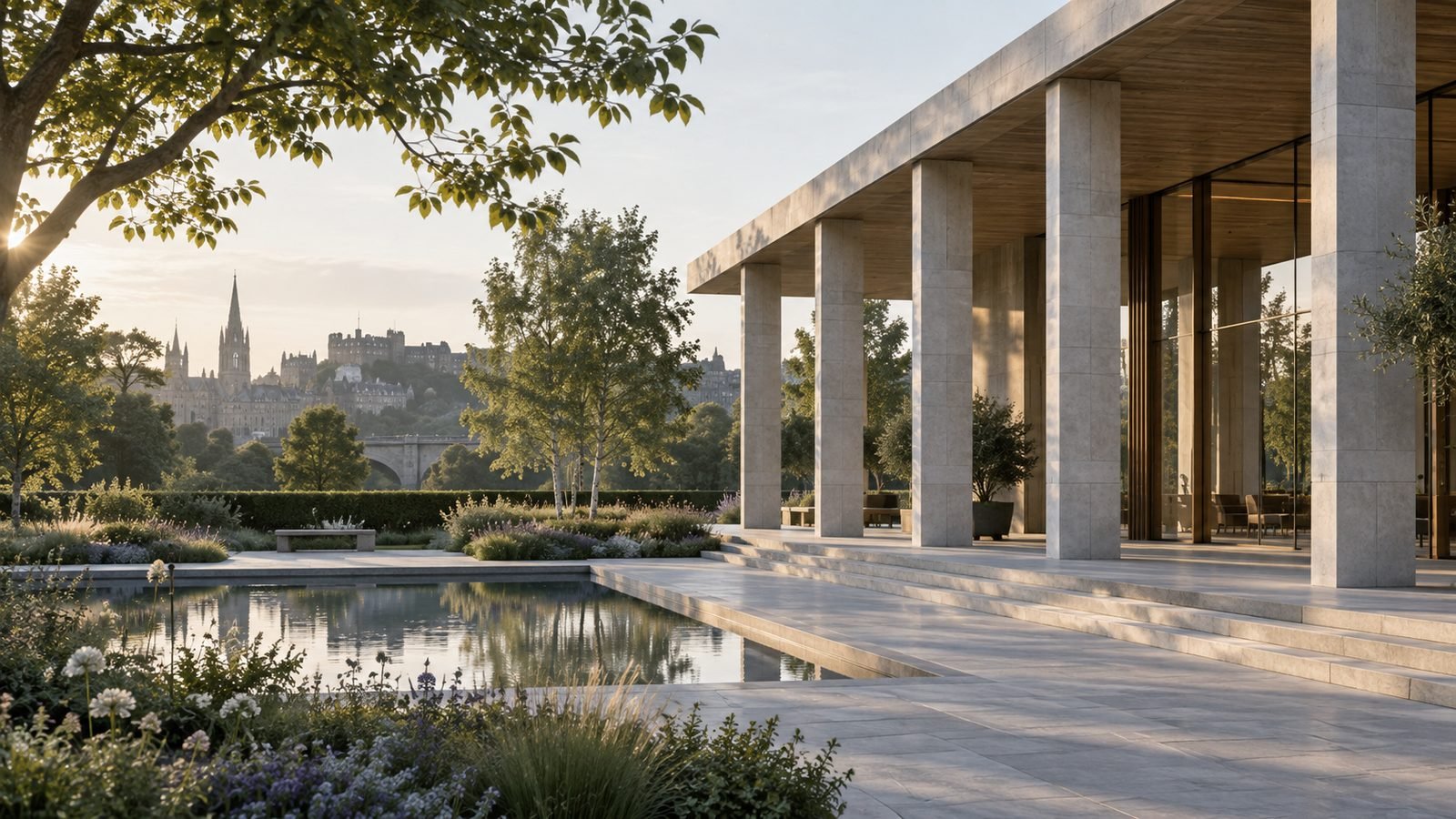 A modern civic pavilion within a planted public garden