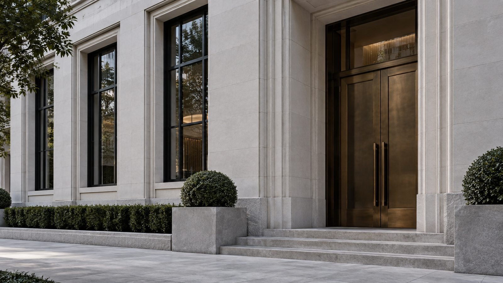 A dignified pale stone company entrance