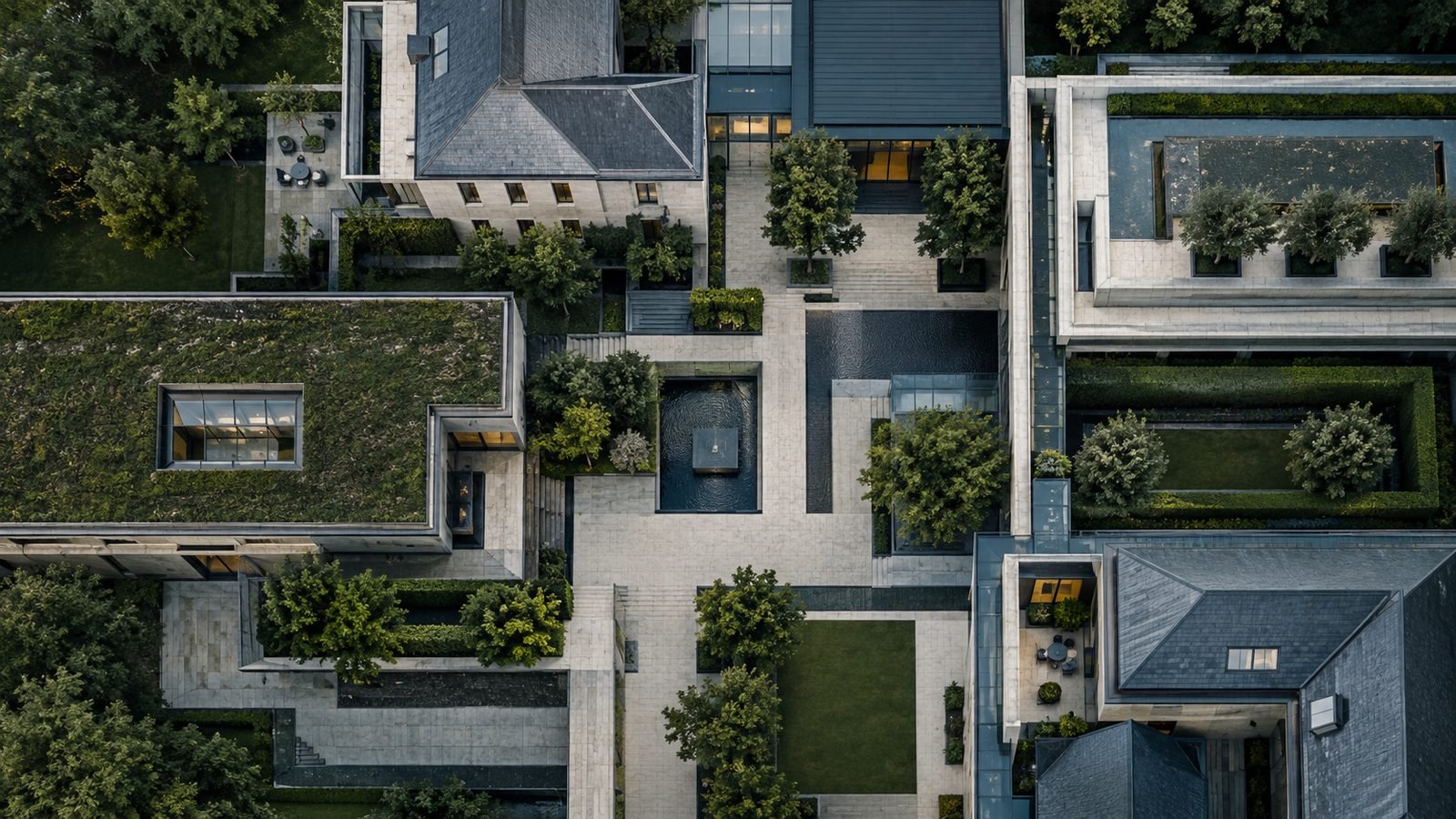 Aerial view of architecture, courtyards and landscaped spaces