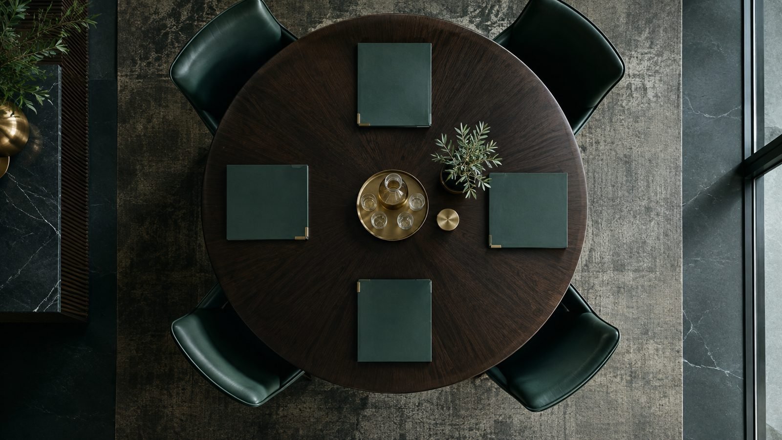 A balanced circular meeting table viewed from above