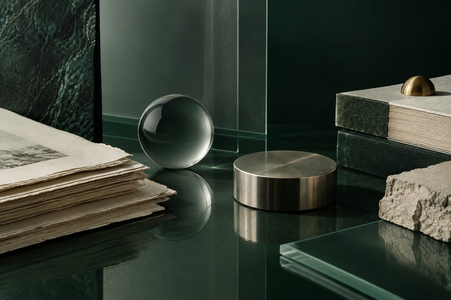 Abstract arrangement of glass, paper, stone and metal