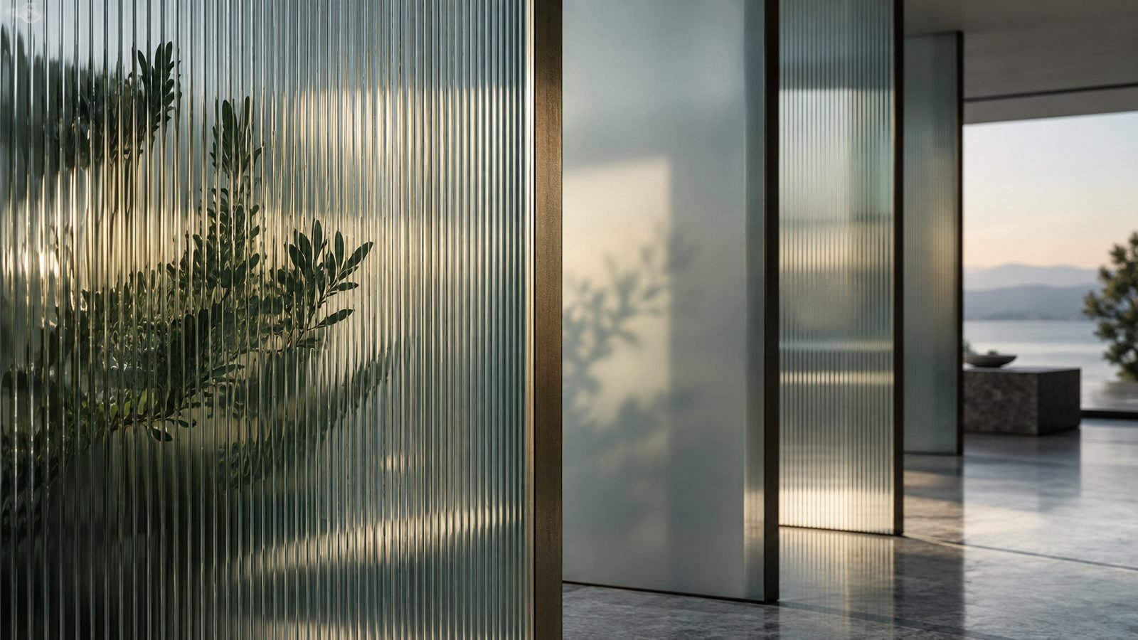 Layered ribbed glass panels filtering soft light