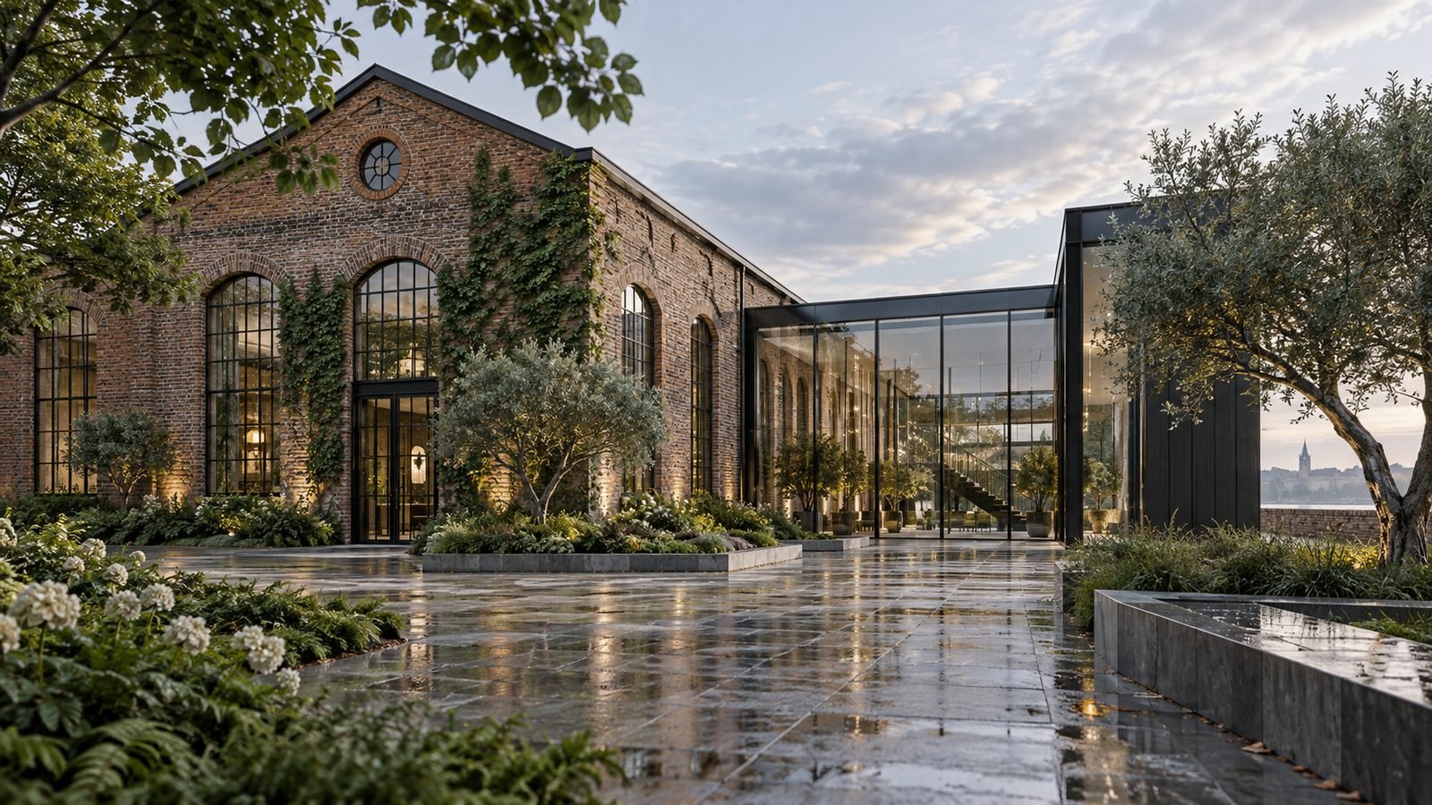 A restored brick building joined to a contemporary extension